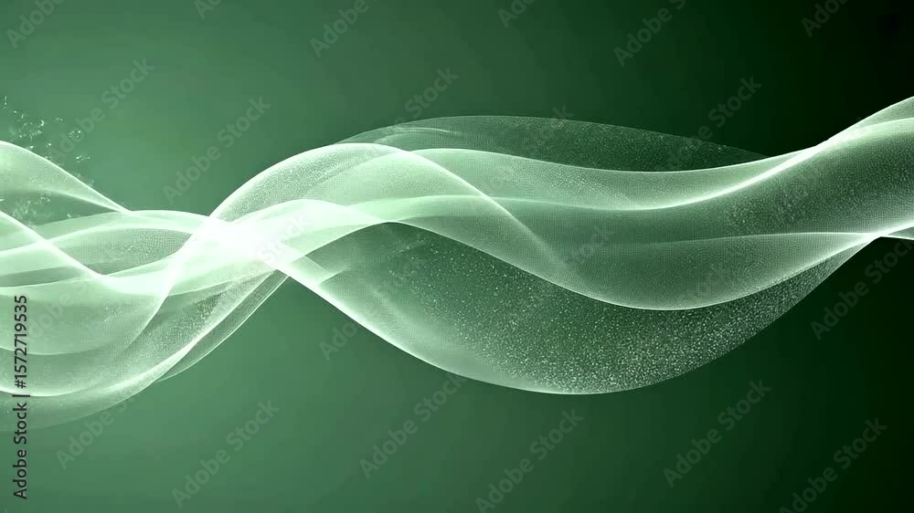 Abstract white flowing smoke on a green background with a subtle sparkle effect