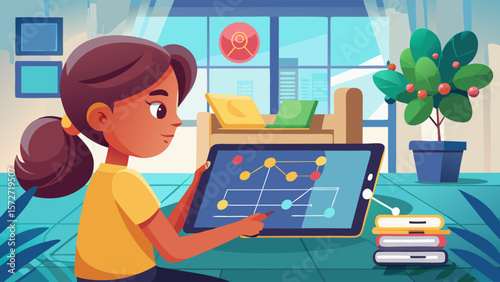 A girl is sitting on the floor in front of a tablet. She is using the tablet to draw a map