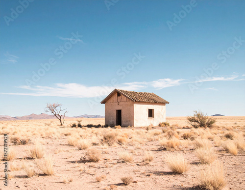 Post apocalyptic landscape with an unusual abandoned building