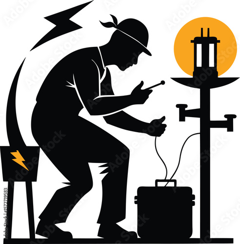 electrician man doing maintenance vector black silhouette