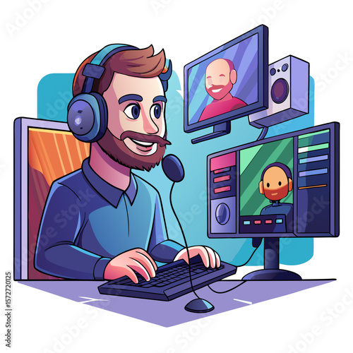 A man is playing a video game with two other people on a computer. He is wearing headphones and smiling