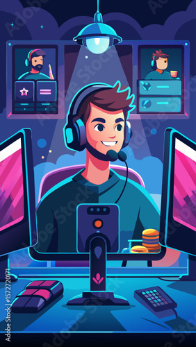 A man is playing a video game with two other people on a computer. He is wearing headphones and smiling