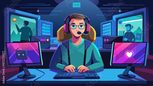 A man is playing a video game with two other people on a computer. He is wearing headphones and smiling