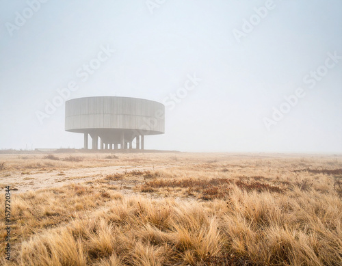 Post apocalyptic landscape with an unusual abandoned building