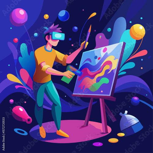 A man is playing a video game in a room with a painting on the wall. The painting is colorful and has a lot of different shapes and colors. The man is holding a controller