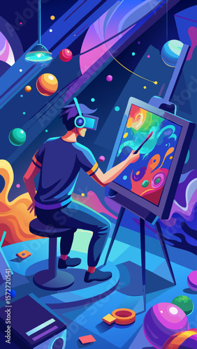 A man is playing a video game in a room with a painting on the wall. The painting is colorful and has a lot of different shapes and colors. The man is holding a controller