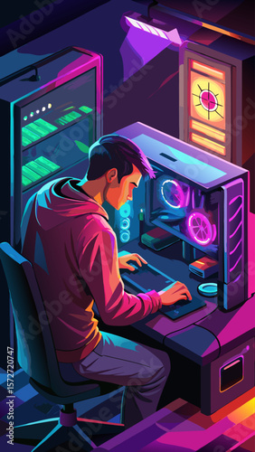 A man is sitting in front of a computer with a keyboard and a mouse. He is wearing headphones and glasses. The room is dimly lit and has neon lights. The man is playing a video game on his computer