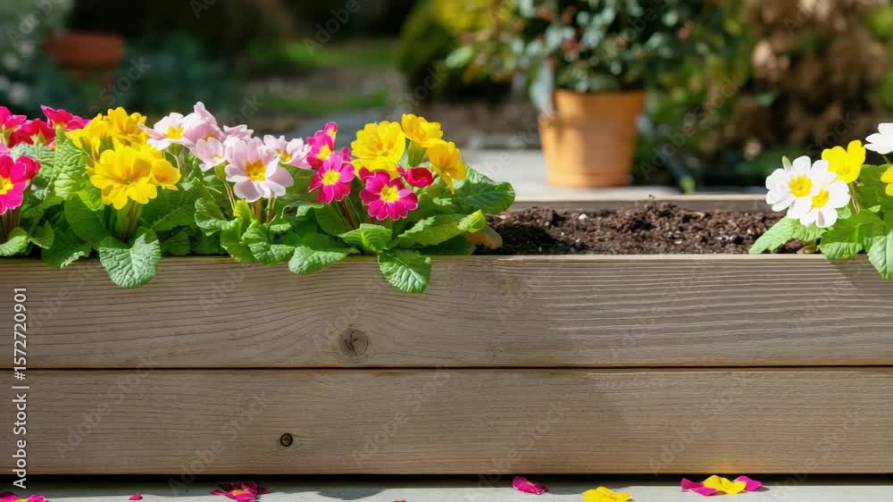 Colorful primroses in wooden planter box on patio