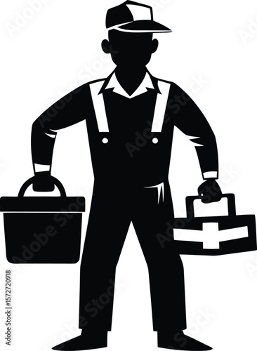 electrician man holding toolbox vector black silhouette