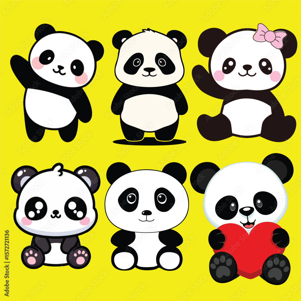 Fototapeta premium Cute Panda Bear Cartoon Characters in Various Poses
