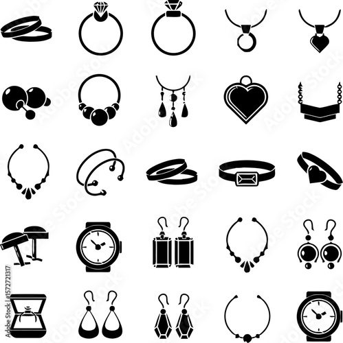 Black and White Jewelry Vector Set Featuring 25 Icons Including Rings, Necklaces, Earrings, Bracelets, Watches, and Decorative Items