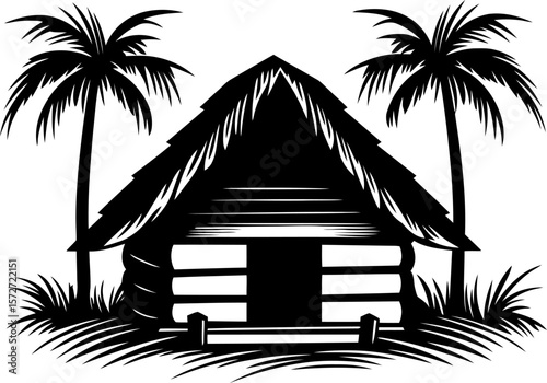 Black and White Vector of Tropical Hut with Thatched Roof, Palm Trees, and Grass Base for Rustic, Nature, and Travel-Themed Artwork