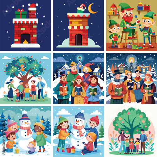 A collection of joyful illustrations depicting winter holidays and seasonal activities