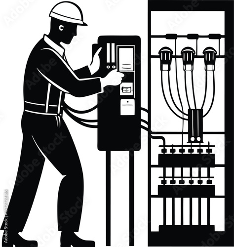 electrician man installing circuit breaker vector black silhouette