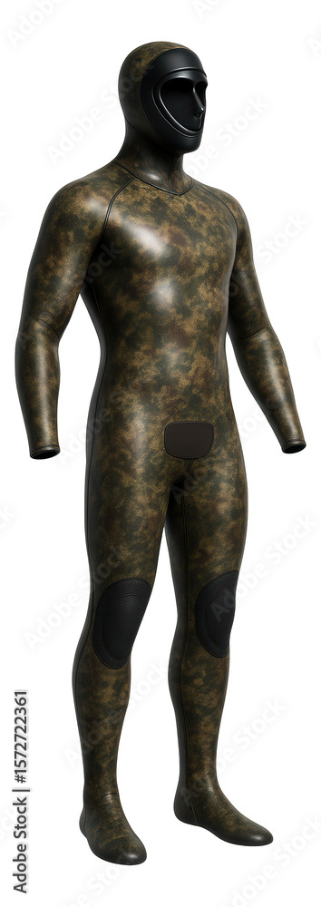 Obraz premium Full-body camouflage diving suit with integrated hood for cold water immersion