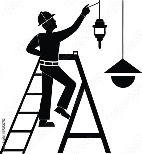electrician man installing light fixture vector black silhouette