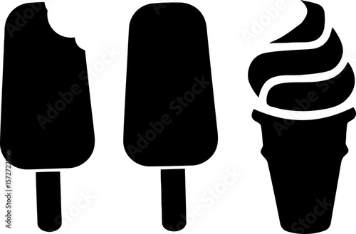 Black Silhouette Vector Set of Frozen Treats Featuring Bitten Popsicle, Whole Popsicle, and Swirled Ice Cream Cone Designs