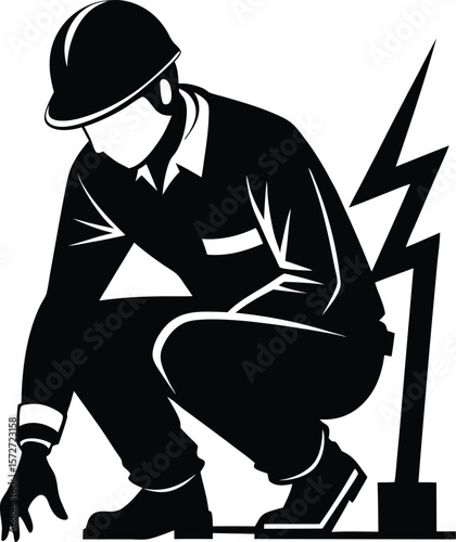 electrician man kneeling down vector black silhouette