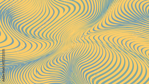 Abstract wavy lines pattern in yellow and blue creating a distorted visual effect illusion art design