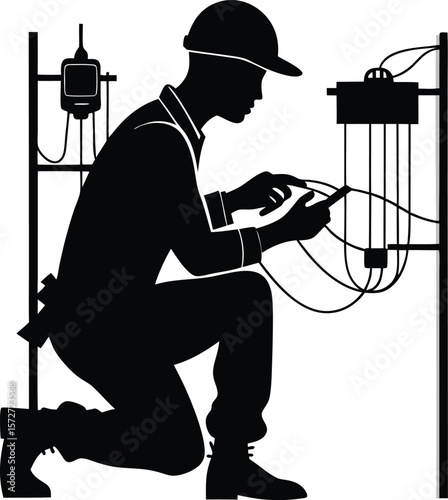 electrician man labeling wires vector black silhouette