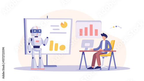 Robot giving presentation with charts to a man working at a desk with a computer screen