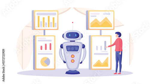 Robot presenting data analysis charts with a person interacting with the information displays shown here