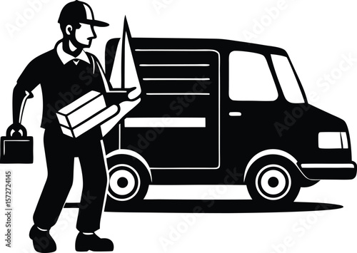 electrician man loading van vector black silhouette