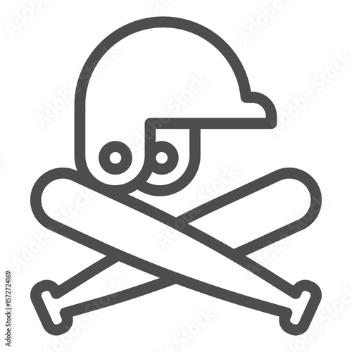 Crossed bats with helmet line icon, baseball game concept. Vector graphics. Bats pair and sport hat, attribute sign on white background, outline style icon for mobile or web design.