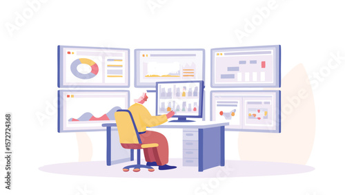 Person working at a desk with multiple monitors displaying charts and data visualizations at work place