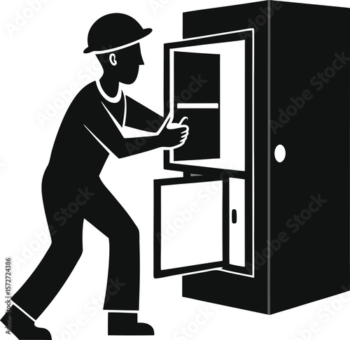 electrician man opening cabinet vector black silhouette