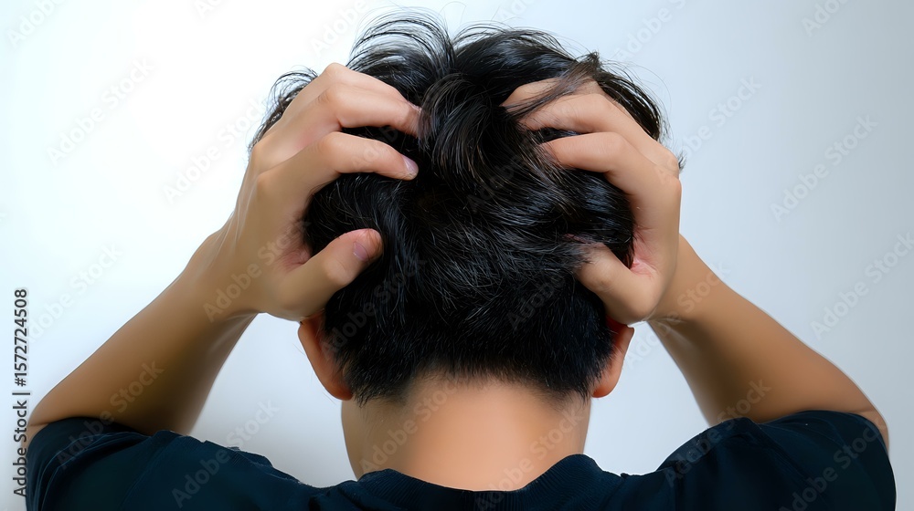 Naklejka premium Back view of Asian man scratching head with both hands against light background, showing dark short hair and black shirt, expressing frustration or confusion.