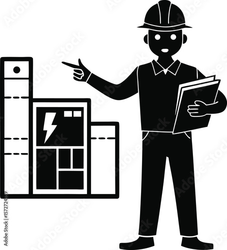 electrician man pointing at blueprint vector black silhouette
