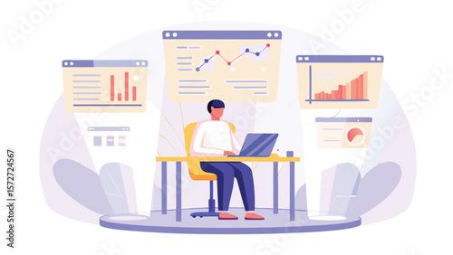 Person working on laptop surrounded by data charts and graphs in a modern office setting here