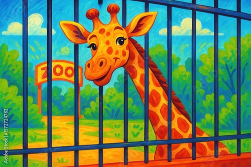 a giraffe inside a zoo cage, long neck and head peeking through the bars, playful and expressive style, bright colors, and a lively background suggesting a zoo environment