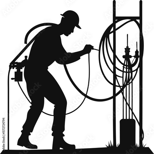 electrician man preparing cables vector black silhouette