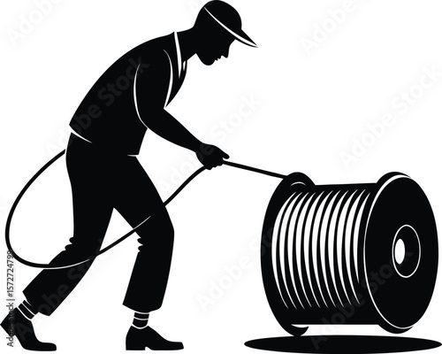 electrician man pulling wire from spool vector black
