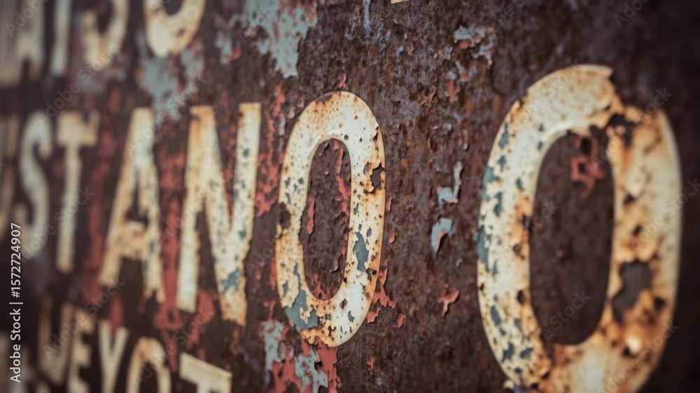 Close-up of a rusty metal sign with peeling paint and white letters, texture. Abstract weathered surface shows rust patterns.