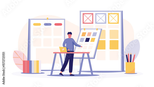 Illustration of a designer working with a color palette on an easel in a creative workspace