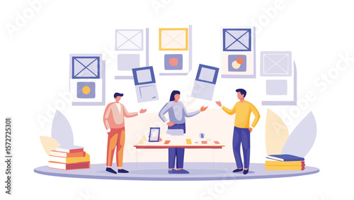 Three people brainstorming with laptops and design elements in a creative office space setting