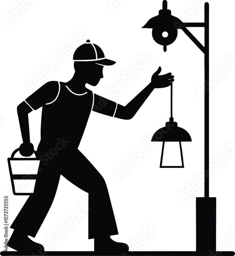 electrician man repairing light fixture vector black