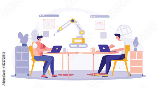 Two people working at desks with laptops and a robotic arm in a bright office setting here now please