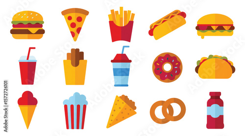 "Set of 16 Colorful Flat Food Icons Representing Popular Fast Food Items".