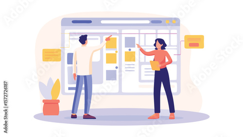 Two people collaborating on a project management board with sticky notes and task assignments displayed