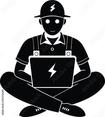 electrician man sitting with laptop vector black silhouette