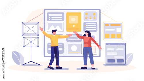 Two people standing in front of a large screen displaying various user interface elements and wireframes
