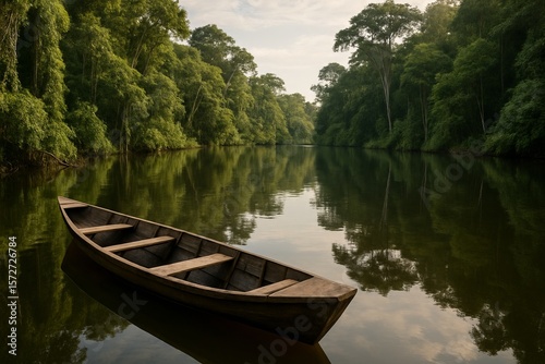 Wallpaper Mural Peaceful Wooden Boat on Tranquil River Surrounded by Lush Greenery Torontodigital.ca