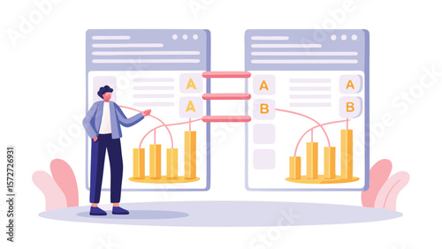 Man presenting data comparison between two charts with bars and connecting lines on a light background
