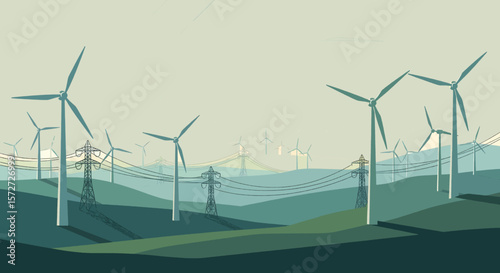 Wind farm vector landscape with turbines on hills and power lines. Large-scale renewable energy concept. Panoramic format, natural colors, flat design.