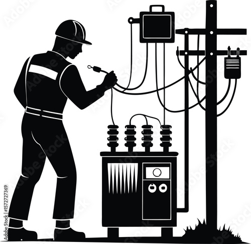 electrician man testing transformer vector black silhouette