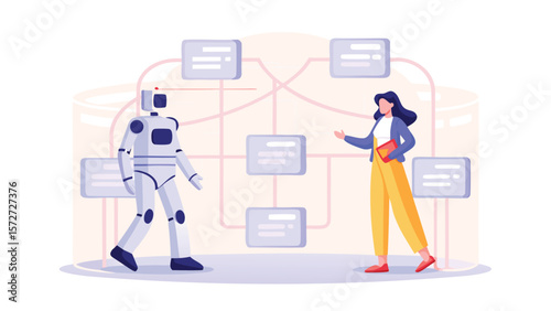 Illustration of a woman and a robot standing in front of a network diagram with linked boxes